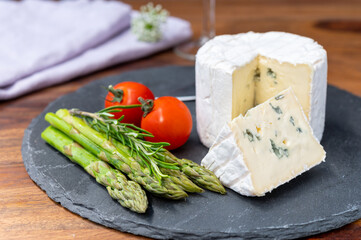 French cheeses collection, piece of Le Bleu cow milk soft blue cheese with white mold.
