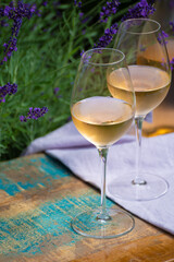 Love Provence, romantic picnic with glasses of cold French rose wine and purple lavender flowers in sunny summer garden