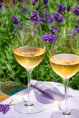 Love Provence, romantic picnic with glasses of cold French rose wine and purple lavender flowers in sunny summer garden