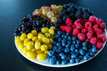 Mix of colored berries in a round plate divided by triangles. Stylish layout of useful vitamins of summer berries.
