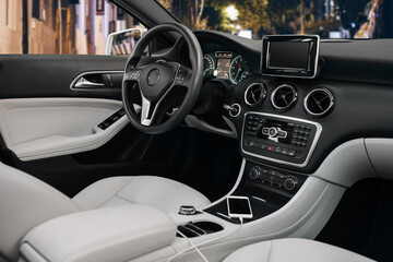 Car interior with white leather seats and dashboard