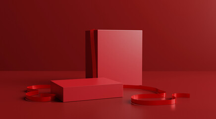 cosmetics stand and red ribbon in red backdrop background,3d rendering design