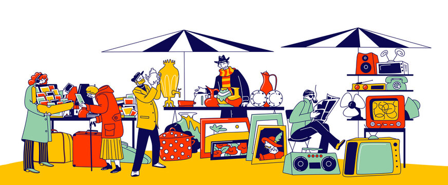 Characters Visiting Flea Market for Shopping Unique Antique Things. Garage Sale, Outdoor Retro Bazaar with Sellers Presenting Old Stuff for Buyers to Purchase. Linear People Vector Illustration