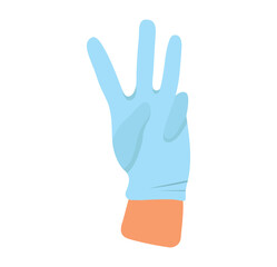 Hand in medical rubber gloves show the number three. Illustration of safety measures against covid-19 virus. Person puts on gloves.