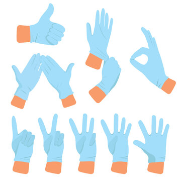 Hands in medical sterile rubber gloves. Illustration of safety measures against covid-19 virus. Person puts on gloves. Thumb up, gesture ok, digits from 1 to 5.