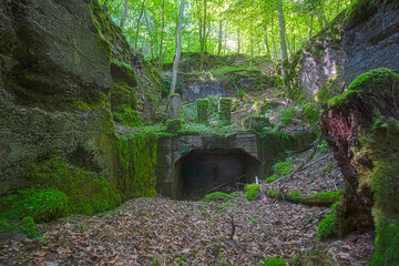 verlassener Steinbruch mitten im grünen Wald