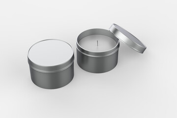 blank travel tin candle mock up isolated on a white back ground. 3d render illustration.