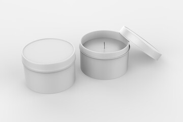 blank travel tin candle mock up isolated on a white back ground. 3d render illustration.
