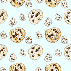 seamless pattern of watercolor cookies on a blue background