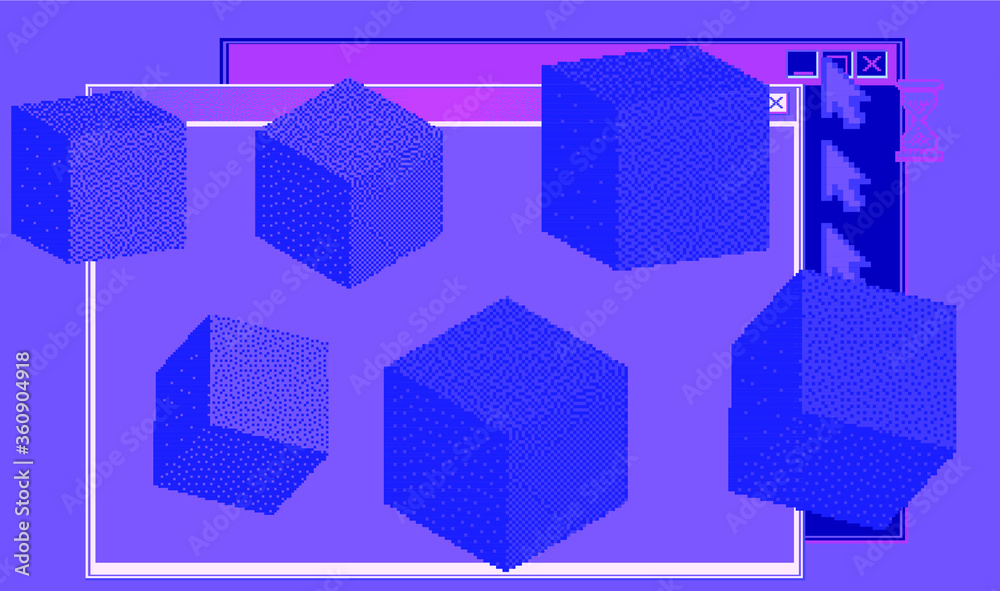 Aufkleber Abstract technology background with retro terminal console command-line interface and floating cubes. Surreal illustration in retrowave and vaporwave 8-bit pixel art style.