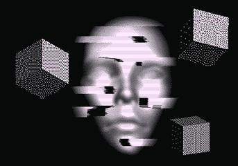 Abstract technology background with 3D face mask in pixel art style. Conceptual illustration of Artificial intelligence.
