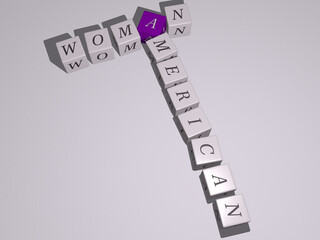 crosswords of american woman arranged by cubic letters on a mirror floor, concept meaning and presentation. illustration and background