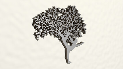 woman connected to tree by yoga on the wall. 3D illustration of metallic sculpture over a white background with mild texture. beautiful and young