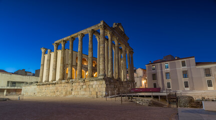 Night view of the Temple of Diana, former Palace of Corbos in Mérida, Extremadura, Spain.
