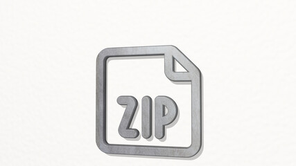 file zip made by 3D illustration of a shiny metallic sculpture on a wall with light background. icon and design