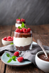 Delicious layered dessert with cream cheese, crushed chocolate cookies, topped with ganache and fresh raspberries