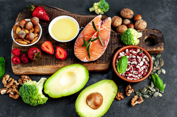 Fototapeta na wymiar Healthy food selection, healthy eating concept for heart on stone background