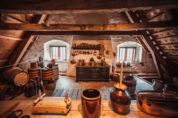 Old country style kitchen with copper pots