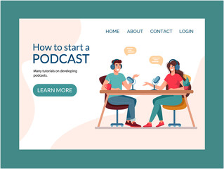 A blogger is recording audio. Layout webpage for learning podcast recordings. The girl writes a podcast, conducts a webinar, online courses, the concept of an educational podcast. Vector, isolated.