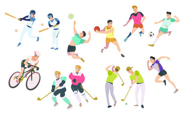 Asia men in sport on white background riding bicycle, playing baseball, volleyball, basketball, soccer, golf, hockey and running.