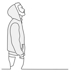 Guy in a hoodie is looking up. Line drawing vector illustration.