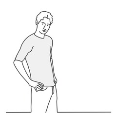 Guy is standing, hands in pockets. Line drawing vector illustration.