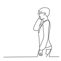 Young woman speaking phone. Line drawing vector illustration.