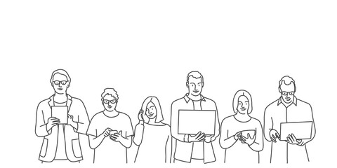 Group of people are using phone, tablet, laptop. Line drawing vector illustration.
