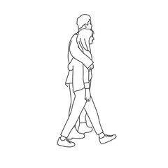 Young couple walk hugging each other. Line drawing vector illustration.