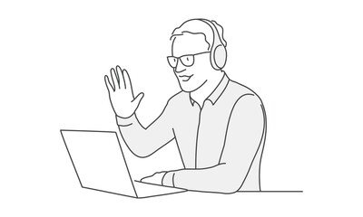 Young man in headphones and glasses talking in a video conference. Line drawing vector illustration.