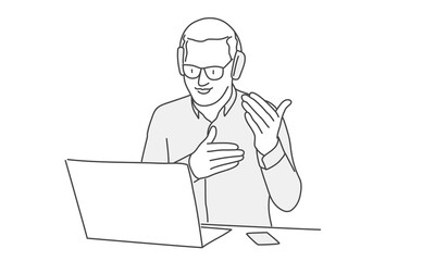Fototapeta na wymiar Young man in headphones and glasses talking in a video conference. Line drawing vector illustration.