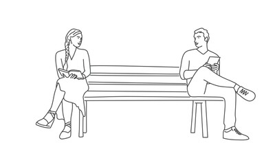 People on the bench. Acquaintance. Line drawing vector illustration.