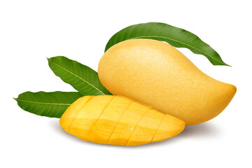 Yellow mango Thai fruit with green leaf isolated on white background. Mango Barracuda.
