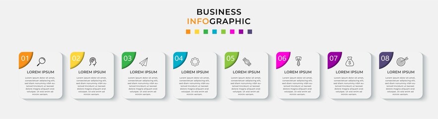 Business Infographic design template Vector with icons and 8 eight options or steps. Can be used for process diagram, presentations, workflow layout, banner, flow chart, info graph