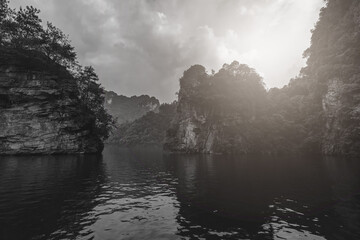 Karst landscape of Baofeng Lake in black and white