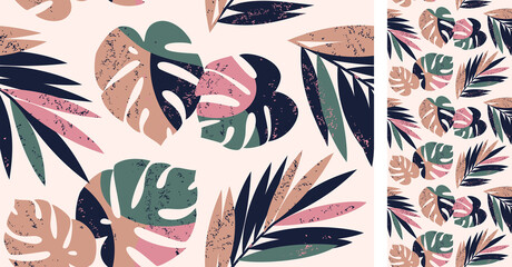 Vector seamless tropical pattern with monstera and palm leaves © Iuliia