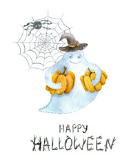 Watercolor card of funny ghost with pumpkins. Hand-drawn illustration isolated on the white background. Halloween clip-art for party design.