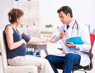 Fototapeta premium Young doctor checking pregnant woman's blood pressure