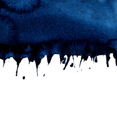 Abstract blue ink wash painting. Aquarelle texture.Grunge watercolor painting. Space for your text, illustrations for blogs, posters. Blue paint leaking down white background.