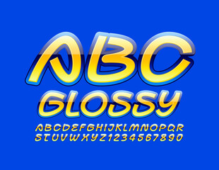 Vector Glossy Alphabet. Creative Blue and Yellow Font. Handwritten Shiny Letters and Numbers