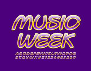Vector bright poster Music Week. Glossy handwritten Font. Creative ALphabet Letters and Numbers