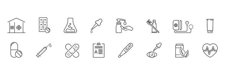 Set of outline icons about pharmacy, medicine. Simple symbols with black color contour. Vector illustration. EPS 10 © yan4ik