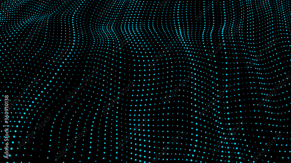 Poster abstract dynamic wave of particles. network of bright points or dots. big data. digital background. 