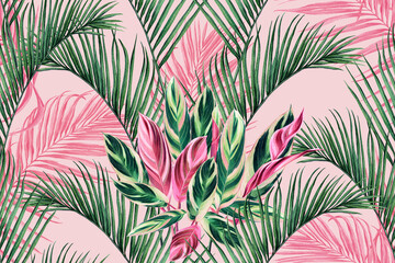 Watercolor painting colorful coconut,green,pink leaves seamless pattern background.Watercolor hand drawn illustration tropical exotic leaf prints for wallpaper,textile Hawaii aloha summer style..