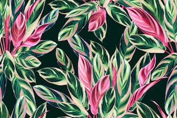 Naklejki  Akwarela malarstwo kolorowe tropikalne zielone, różowe liście bezszwowe tło wzór. Akwarela ręcznie rysowane ilustracja tropikalny egzotyczny liść drukuje na tapetę, tekstylia Hawaje aloha lato styl.