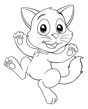 A cat cute cartoon kitten animal in black and white outline like a kids coloring book page