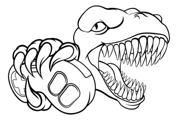 A dinosaur T Rex or raptor gamer player cartoon animal sports mascot holding a video game controller in its claw