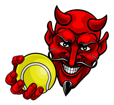 A devil or satan tennis sports mascot cartoon character holding a ball