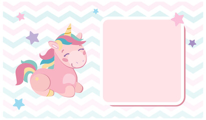 Holiday invitation, congratulation with a delicate pink unicorn for the baby. Stylish postcard, Stars and zigzags around the horses are multi-colored purple, pink, blue . Vector illustration for kids.