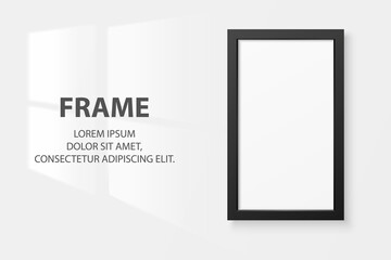 Vector 3d Realistic Black Vertical Wooden Simple Modern Frame Icon Closeup Isolated on White Wall Background with Window Light. It can be used for presentations. Design Template, Mockup, Front View